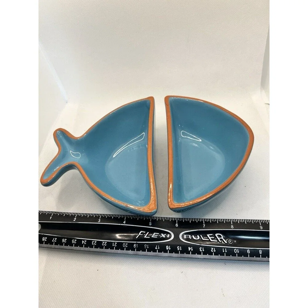 2-PC TERRACOTTA POTTERY BLUE FISH SERVING DISHES BOWLS MADE IN PORTUGAL